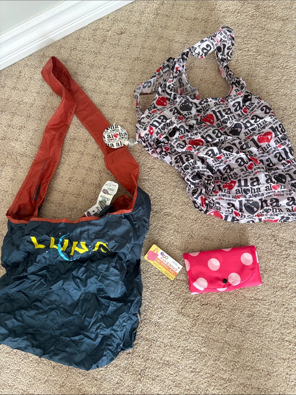 3 reusable bags- chico bag Reusable Tote Bag daiso Pink Polka Dot, aloha all NWT